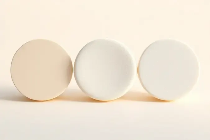 Três texturas circulares de blush em creme demonstrando acabamentos natural, matte e brilhante em render 3D conceitual minimalista.