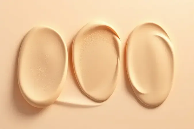 Render 3D comparando acabamentos de base matte, glow e natural em superfícies suaves com tons neutros e luz suave.