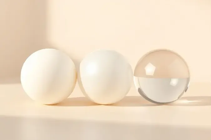 Render 3D conceitual comparando três esferas com acabamentos cremoso, perolado e transparente para francesinha.