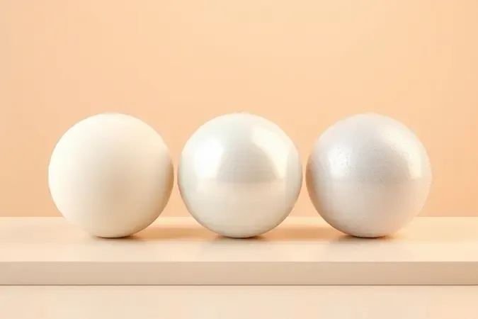 Renderização 3D comparando acabamentos de esmalte branco cremoso perolado e cintilante.