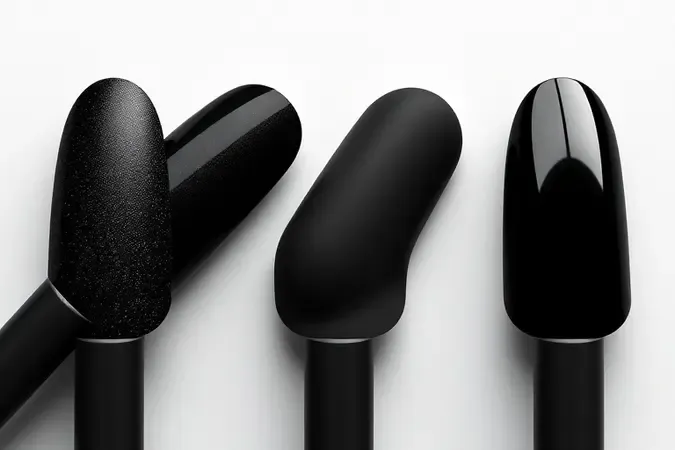 Comparação visual de três acabamentos de esmalte preto: glitter, cremoso e gel em renderização 3D minimalista.