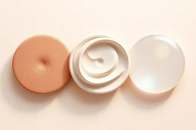 Três acabamentos de maquiagem lado a lado: matte, natural e glow em render 3D conceitual
