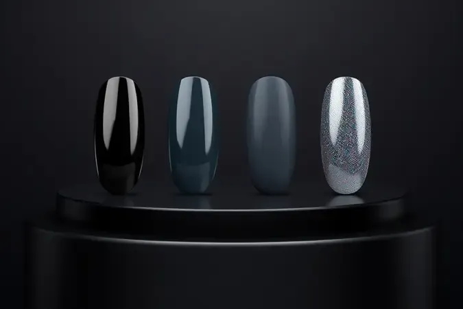 Renderização 3D de unhas artificiais exibindo diferentes acabamentos de esmalte em gel: brilhante, fosco, olho de gato e metalizado.