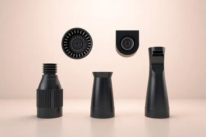 Acessórios de secador como difusor, concentrador e bico fino em render 3D.