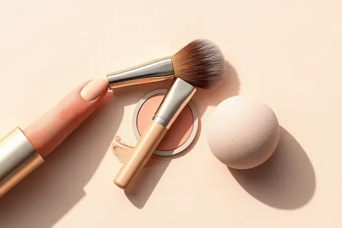 Render 3D de blush em bastão com ferramentas de aplicação dedo, pincel duo fiber e esponja de maquiagem sobre superfície neutra limpa.