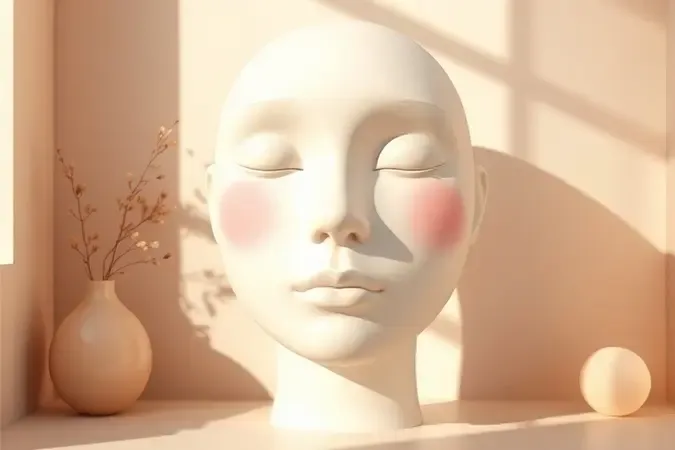 Técnica de aplicação de blush nas maçãs do rosto em pele madura, com textura suave e iluminação natural em render 3D conceitual.
