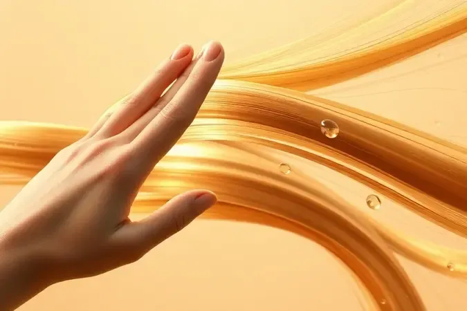 Mão abstrata em gesto suave próxima a fios de cabelo sedosos com gotículas de água suspensas, representando aplicação correta de condicionador em renderização 3D.