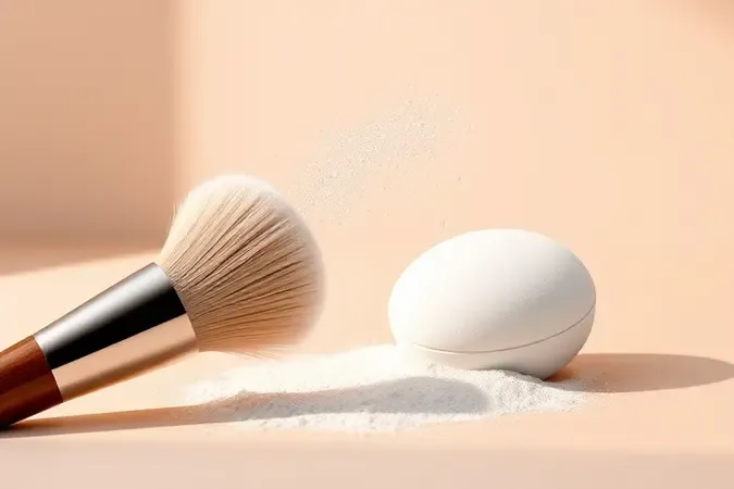 Aplicação de pó compacto com pincel e puff em render 3D com partículas suaves e acabamento profissional