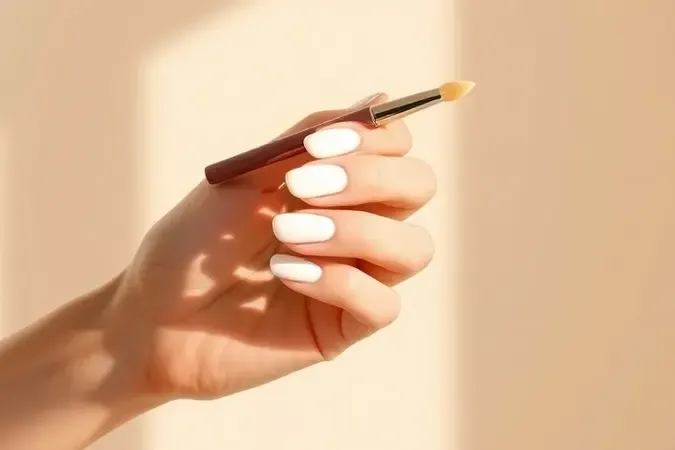 Renderização 3D conceitual de mão com unhas pintadas de branco e pincel aplicador sem marca.