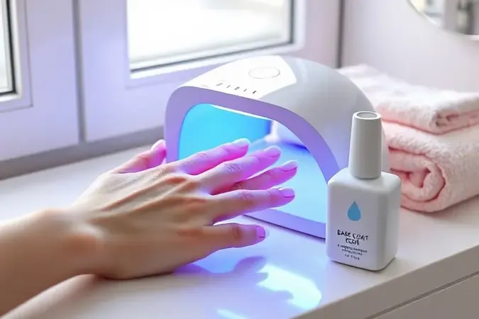 Renderização 3D conceitual mostrando mãos sob cabine LED durante aplicação de esmalte em gel com frascos minimalistas.