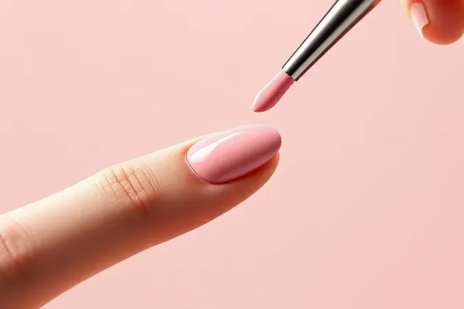 Aplicação de esmalte em gel com pincel sobre unha em close-up 3D conceitual e minimalista.