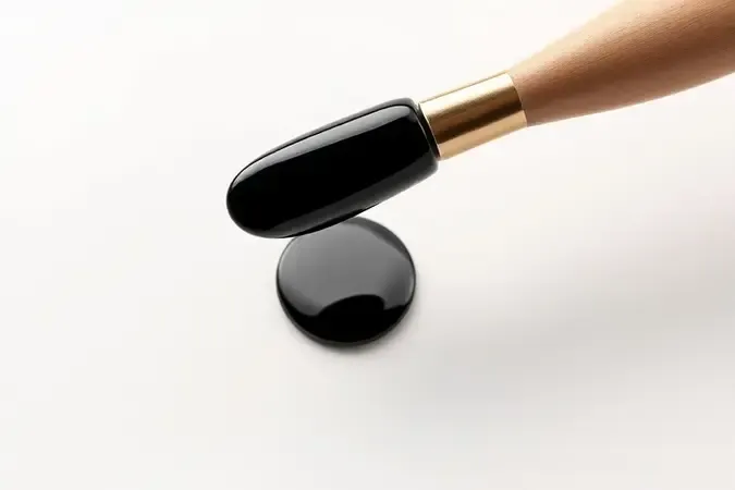 Pincel aplicando esmalte preto com cobertura perfeita e sem borrões em renderização 3D minimalista.