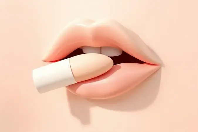 Renderização 3D do momento de aplicação de hidratante labial com bastão deslizando sobre superfície curva com brilho translúcido.