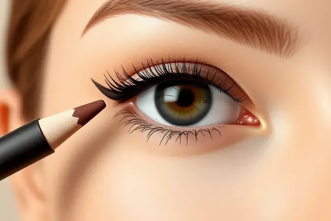 Render 3D conceitual mostrando aplicação de lápis de olho marrom em close-up artístico e abstrato.