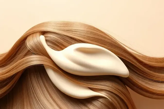 Render 3D conceitual de máscara reconstrutora sendo aplicada em fios de cabelo com textura cremosa envolvente e iluminação suave.