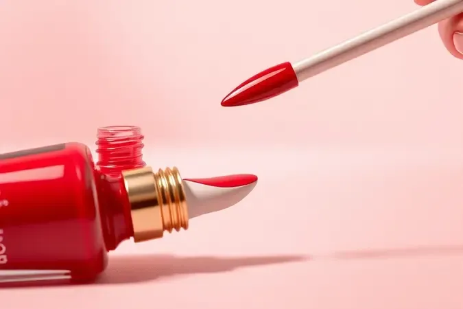 Aplicação de esmalte vermelho com pincel em cena conceitual limpa e sofisticada
