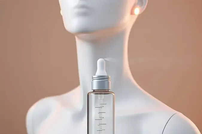 Render 3D de busto com esferas luminosas nos pontos de pulso e atomizador genérico emitindo névoa de partículas de vidro.