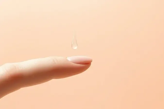 Renderização 3D minimalista da aplicação de sérum facial mostrando absorção suave na pele.