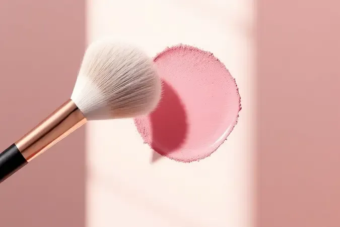 Pincel macio aplicando blush rosa em contorno facial abstrato em render 3D