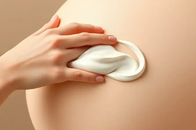 Aplicação correta de creme para estrias em superfície de pele com movimentos circulares em 3D