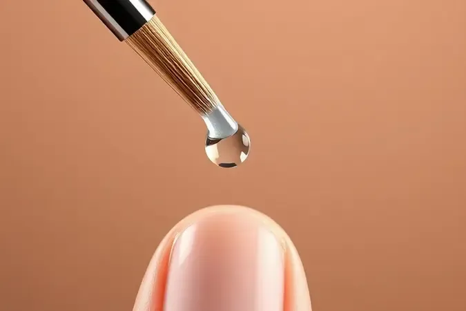 Render 3D macro de pincel aplicando esmalte em unha com gota brilhante em close-up minimalista e elegante.