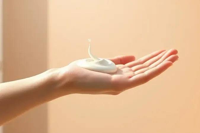 Aplicação de hidratante corporal em braço com fita de creme suave e gotas de água em cena 3D