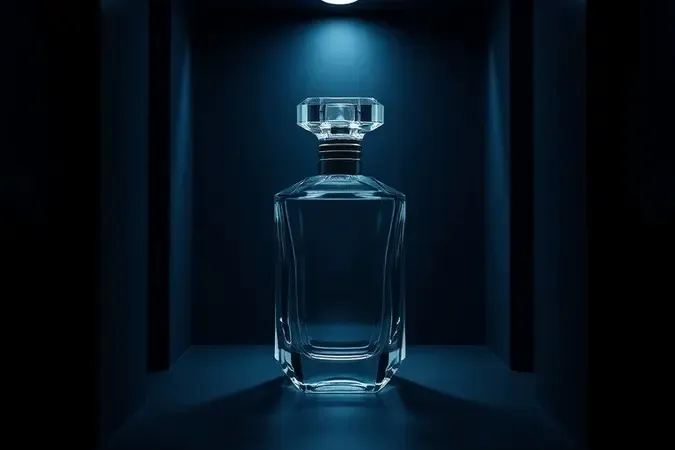 Render 3D de frasco de perfume em ambiente escuro e climatizado representando armazenamento adequado para preservação de fragrância.