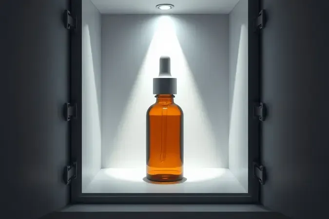 Armazenamento de vitamina C em frasco âmbar protegido da luz para evitar oxidação em render 3D