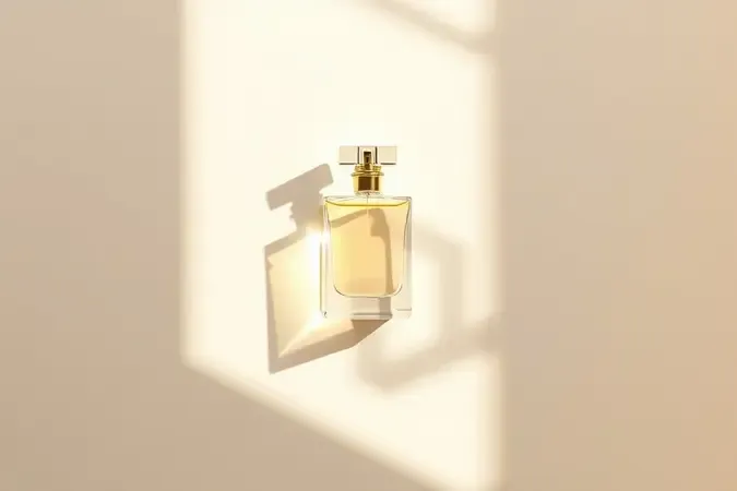 Frasco de perfume elegante com sombra alongada simbolizando assinatura olfativa duradoura e atemporal