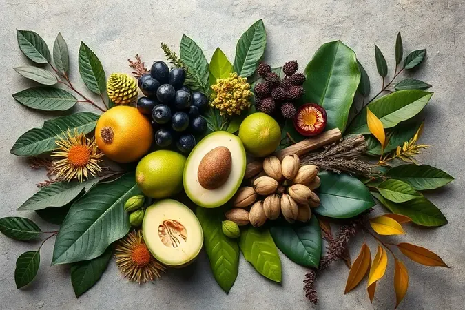 Render 3D de ativos da biodiversidade brasileira com frutos e folhas tropicais