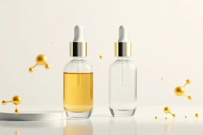 Render 3D conceitual de frascos de sérum com estruturas moleculares douradas representando ativos antirrugas