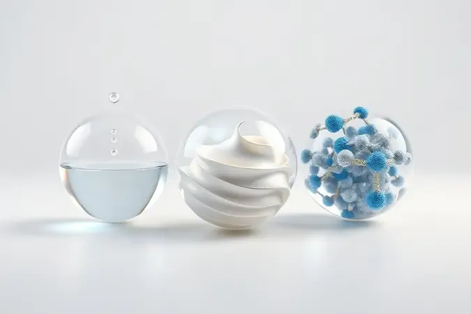 Três esferas abstratas representando hidratação, nutrição e reconstrução capilar em renderização 3D.