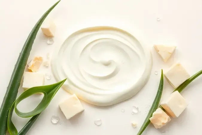 Render 3D conceitual de textura hidratante com aloe vera, manteiga de karité e gotas de água