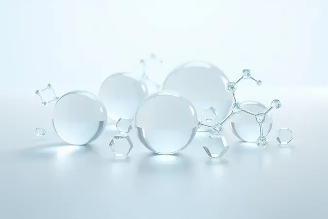 Renderização 3D abstrata de ativos hidratantes como ácido hialurônico e niacinamida em esferas translúcidas sobre superfície clean