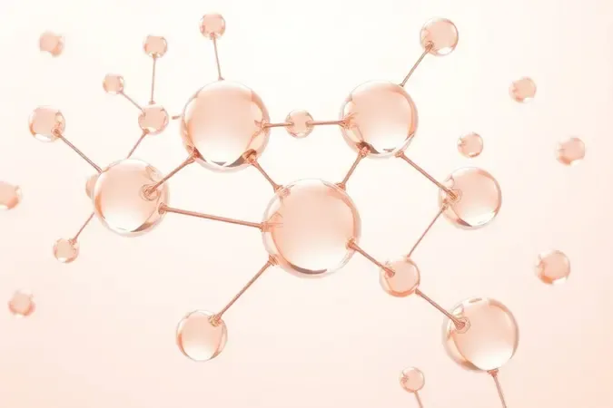 Estruturas moleculares abstratas em 3D representando ativos lifting em sérum, tons rose gold e perolados.