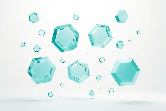 Renderização 3D abstrata de estruturas cristalinas representando ativos para cuidados com pele oleosa.