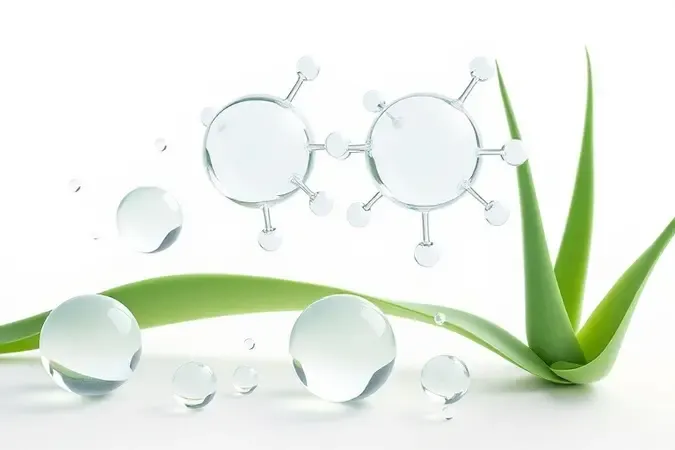 Renderização 3D conceitual de ativos de skincare como ácido hialurônico e extratos botânicos.