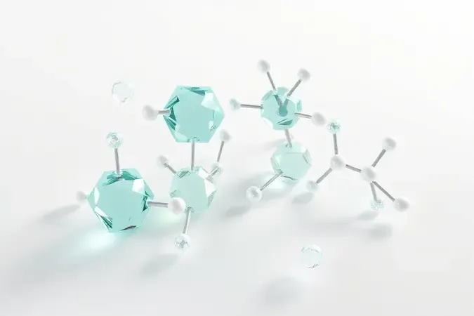 Estruturas moleculares abstratas em tons verde e azul representando ativos como ácido salicílico e niacinamida para pele oleosa em render 3D.