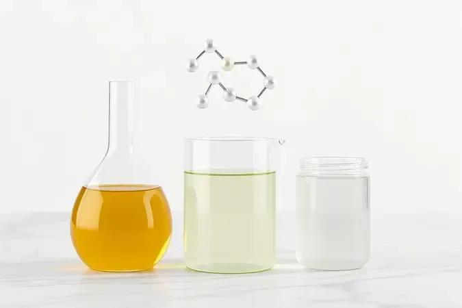Render 3D de ingredientes cosméticos ativos como óleo, aloe vera e queratina em frascos de vidro de laboratório.
