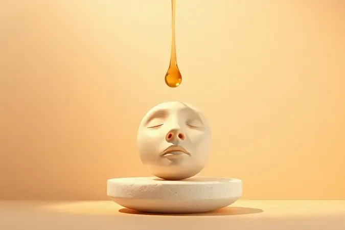 Autobronzeador facial em renderização 3D conceitual com gota de sérum dourado.