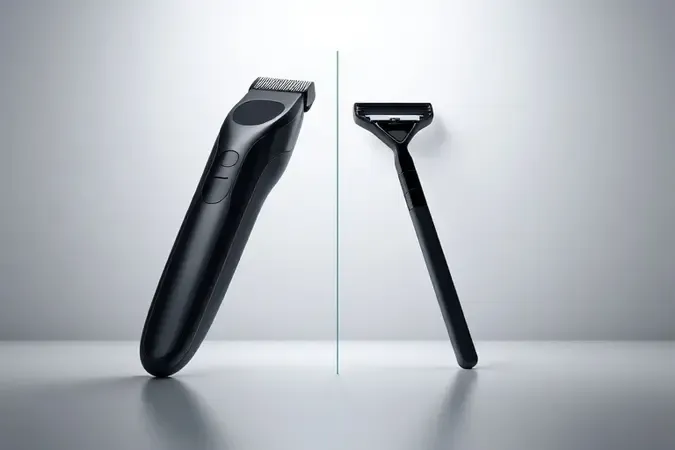 Comparação conceitual em 3D entre barbeador elétrico moderno e lâmina tradicional com iluminação contrastante.