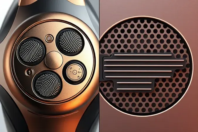 Comparação conceitual lado a lado entre barbeador rotativo e foil para diferentes tipos de barba em render 3D
