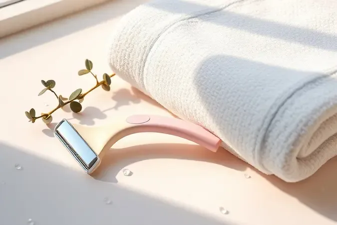 Renderização 3D de barbeador feminino sobre superfície com toalha branca e eucalipto, conceito de autocuidado e depilação suave