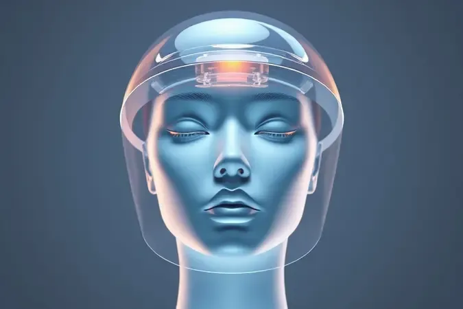 Render 3D conceitual de proteção solar facial com cúpula translúcida e luz suave