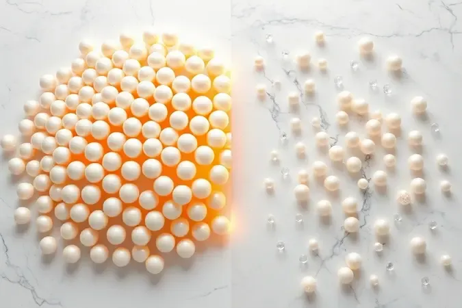 Comparação conceitual em render 3D mostrando pele com colágeno denso e firme versus pele com colágeno reduzido e flácido.