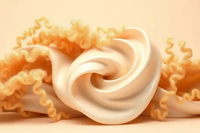 Renderização 3D conceitual de formas abstratas de cachos sendo hidratados por uma textura cremosa translúcida em tons beges e dourados.