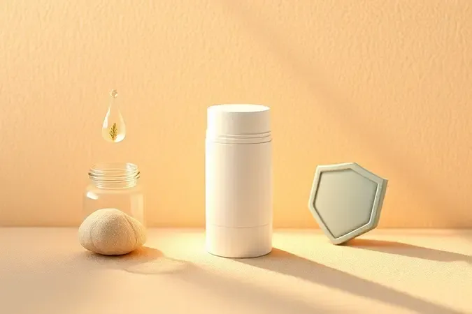 Composição 3D de desodorante sem perfume com símbolos de benefícios como hidratação e proteção em tons suaves.