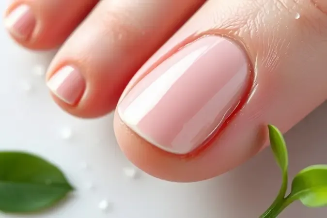 Render 3D de cutículas hidratadas e unha brilhante com gotas representando benefícios do óleo secante para unhas.