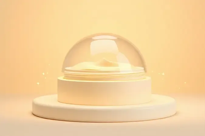 Renderização 3D conceitual mostrando proteção e nutrição labial com cúpula de balm e partículas douradas representando proteção UV.
