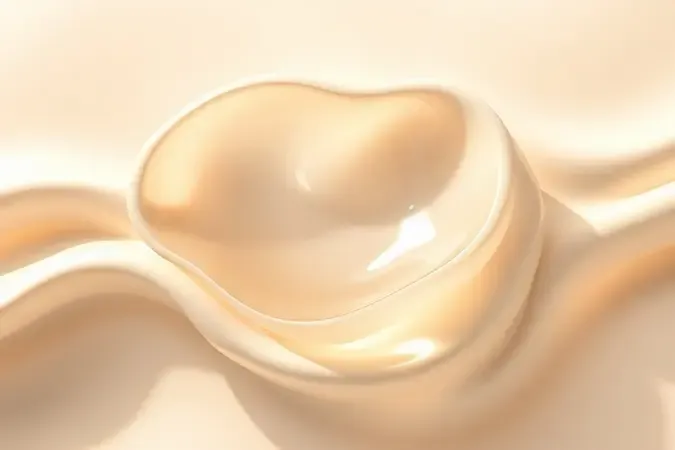 Forma abstrata suave representando pele hidratada com camada translúcida de creme em tons bege e dourado.